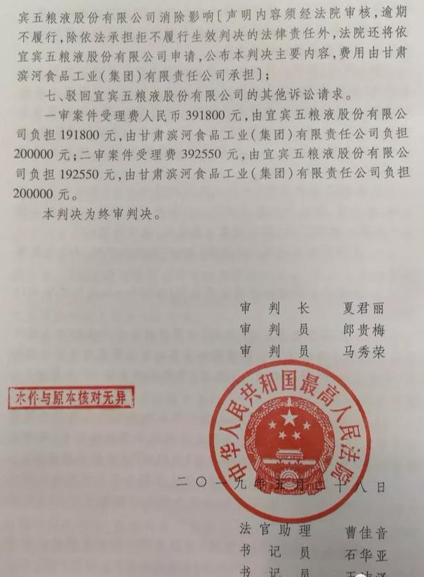 五糧液集團訴濱河集團侵害商標權案最終五糧液勝訴
