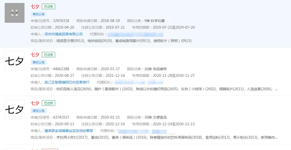“七夕”商標已經有52個范圍涉及不同
